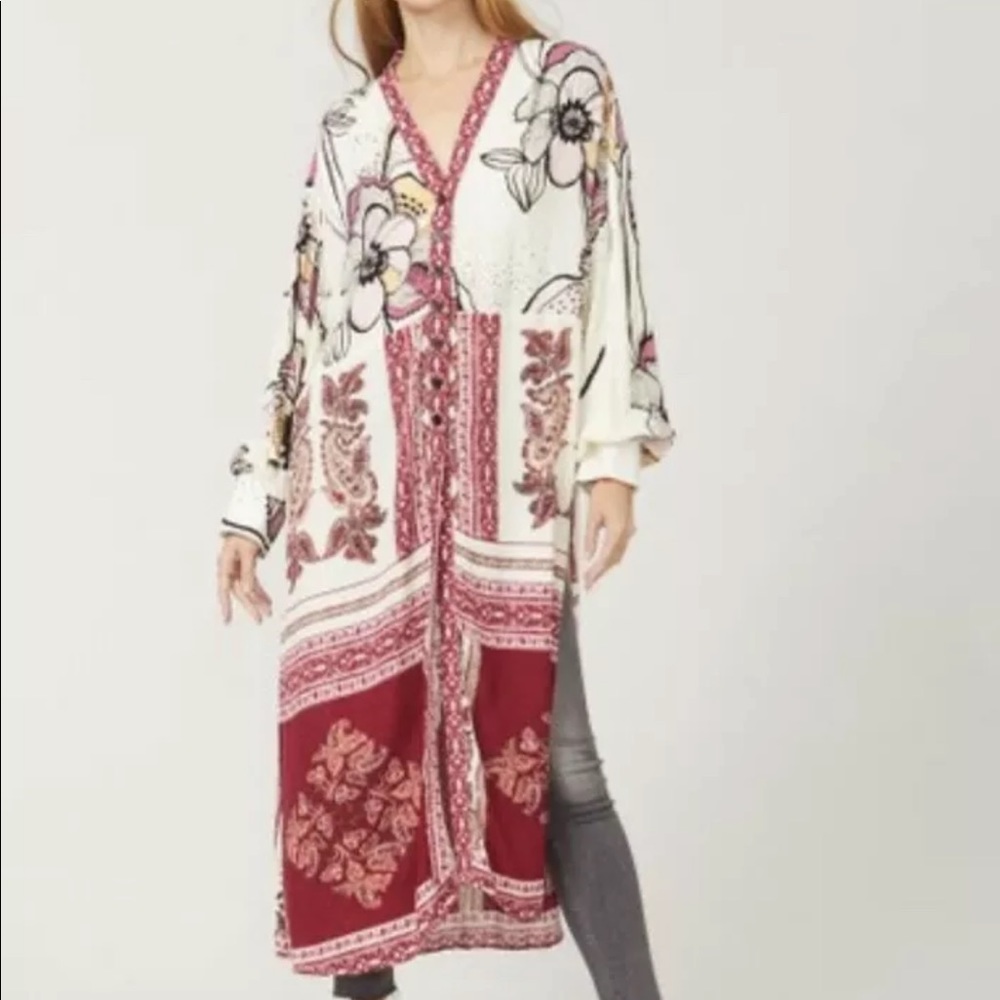 Free People Duster Kimono Mixed Print Ivory Wine - Picture 2 of 7